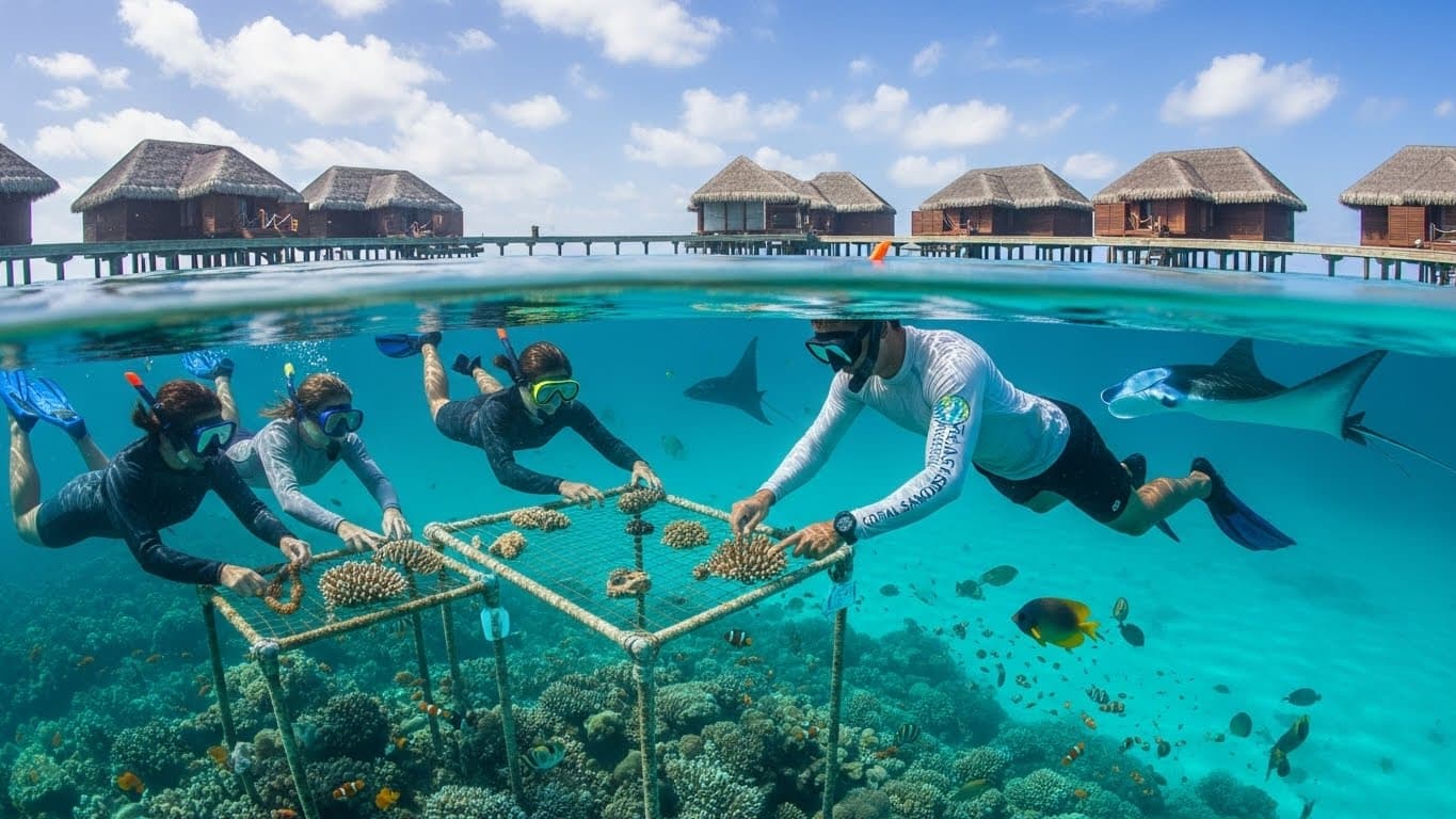 A manta ray passing over a Maldivian coral garden, the world an immersive journey goes down into